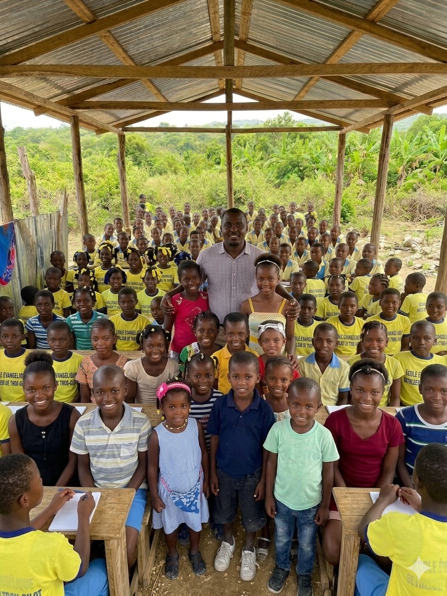 pastor Olnick Duverne with children in haiti
